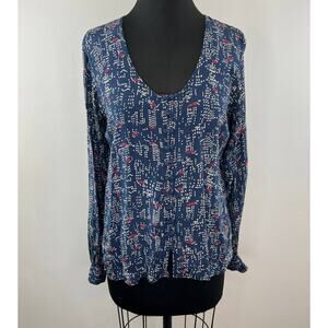 Winter Kale Blue Printed Vintage Silk Button-Up Long Sleeve Scoop Blouse Top S